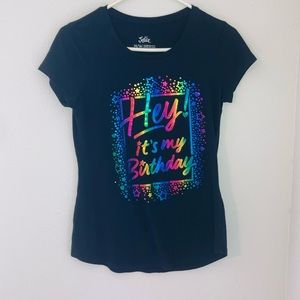 Justice “Hey It’s My Birthday” Multi Colored Black Shirt